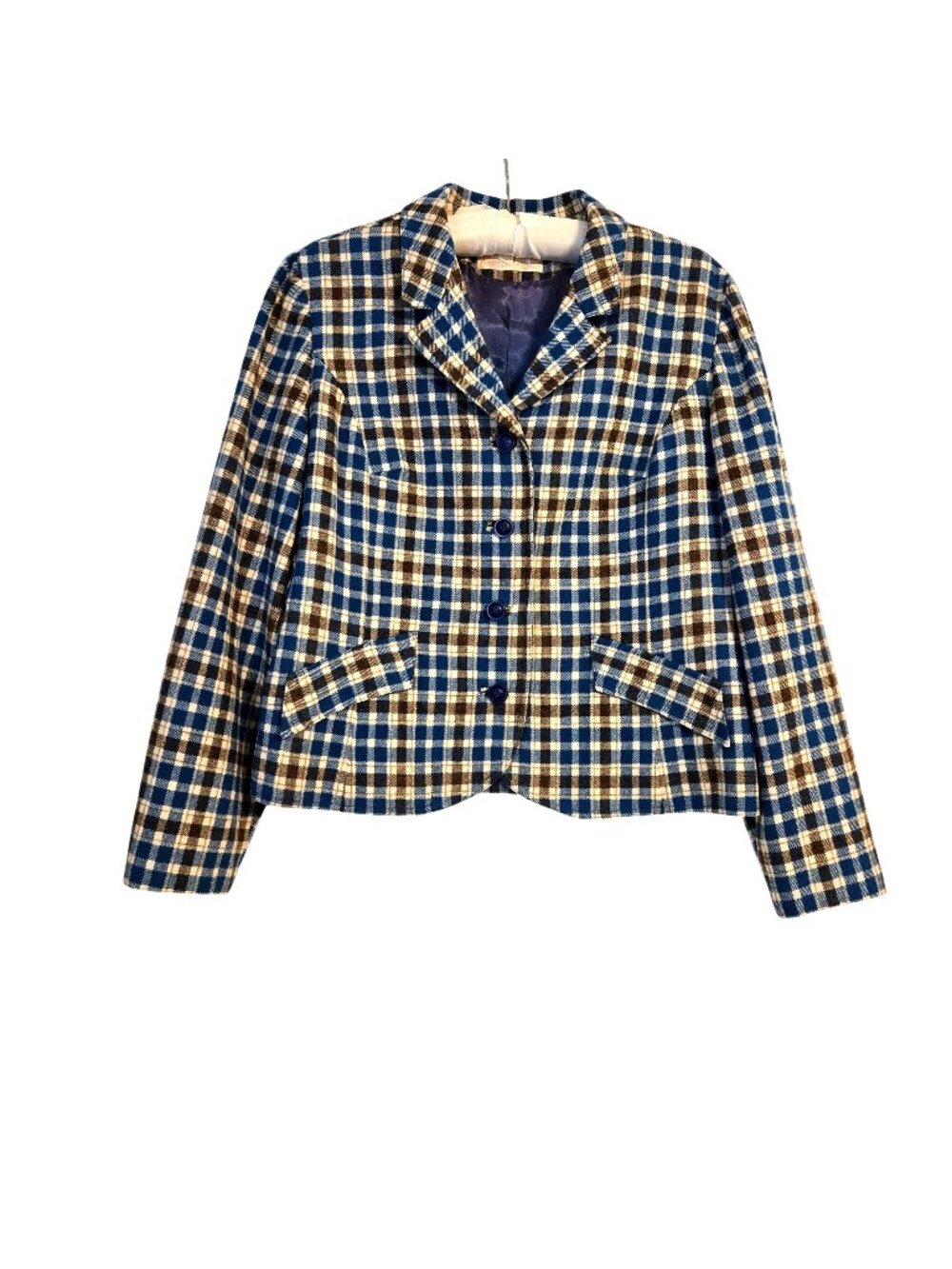 Vintage Pendleton Womens Cropped Blue Brown Plaid Blazer 100% Virgin Wool Sz. 14